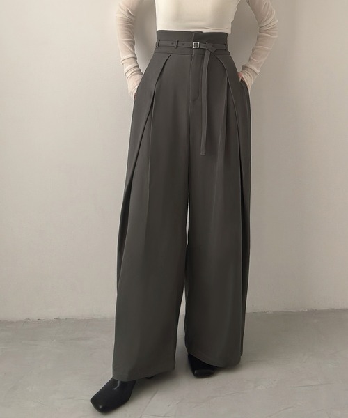 Meiru ワイドパンツ スラックス パンツ 細ベルトハイウエストタック