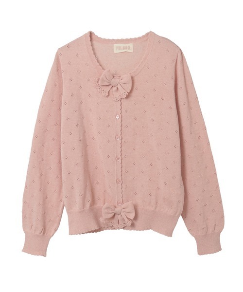 ピンクハウス　透かし編み　リボン　カーディガン　ピンク　コットン 半袖　F PINK HOUSE（ピンクハウス） カーディガン リボンモチーフ付き透かし柄
