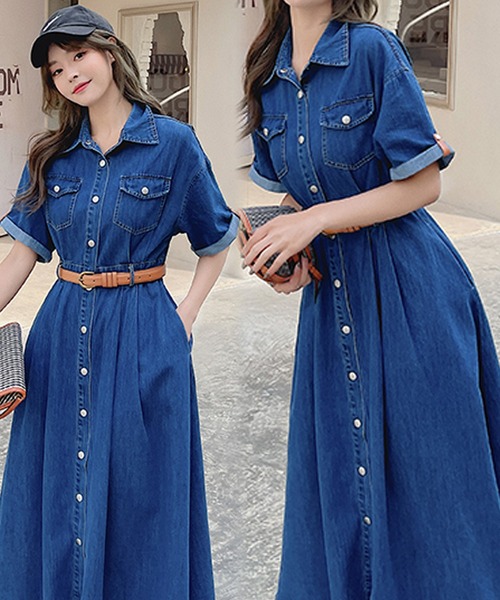 ★ ★Denim Dress ベルト付 デニム シャツワンピース デニムワンピース ベルト付きデニムシャツワンピース ワンピース
