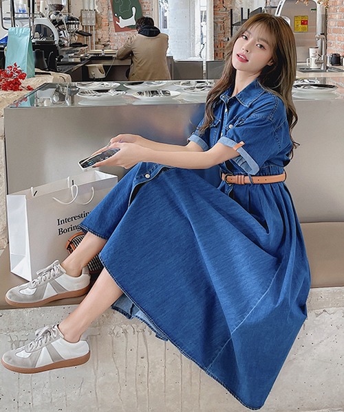 ワンピース ベルト付きデニムシャツワンピース :57198286:ZOZOTOWN 値引き 完売!デニムワンピース ミニワンピース