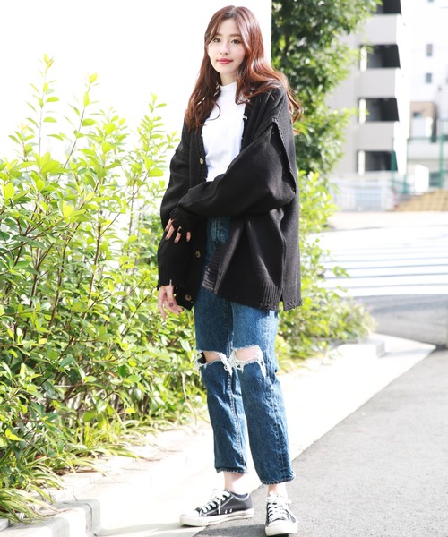 WESTSEA カーディガン ダメージ仕様 天竺 ビックサイズ V