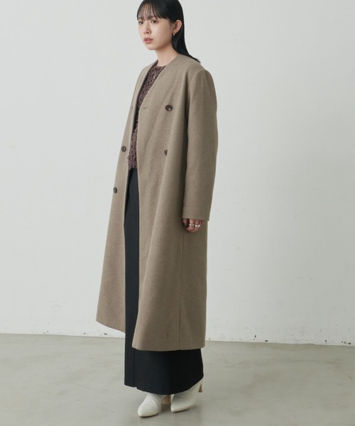 アメリ ノーカラー ダマスクジャガードコート オーバーサイズ マキシ丈 ゴールド リズム R-ISM 【防風・着ぶくれしない】薄ダウンロングコート