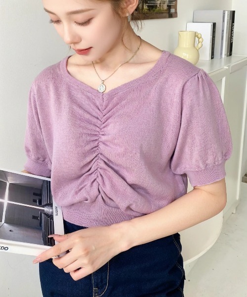 美品【バーバリーブルーレーベル】半袖 パフスリーブ サマーニット ピンク moment+ ニット セーター フロントシャーリングパフスリーブ半袖