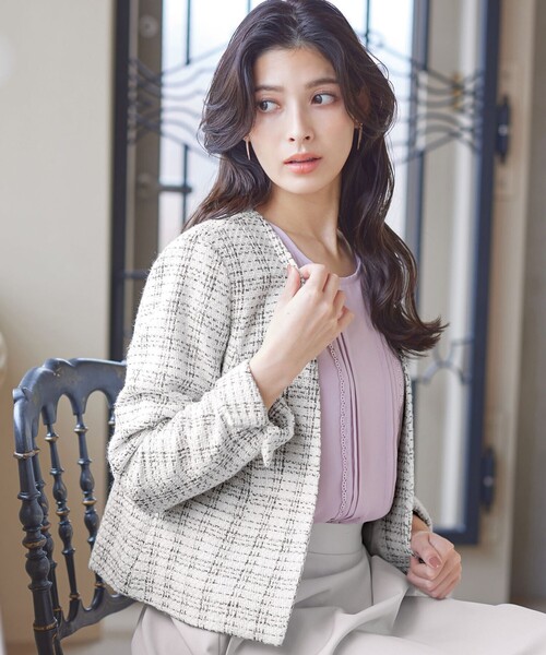 Tiaclasse ジャケット ノーカラージャケット ラメチェックツイード