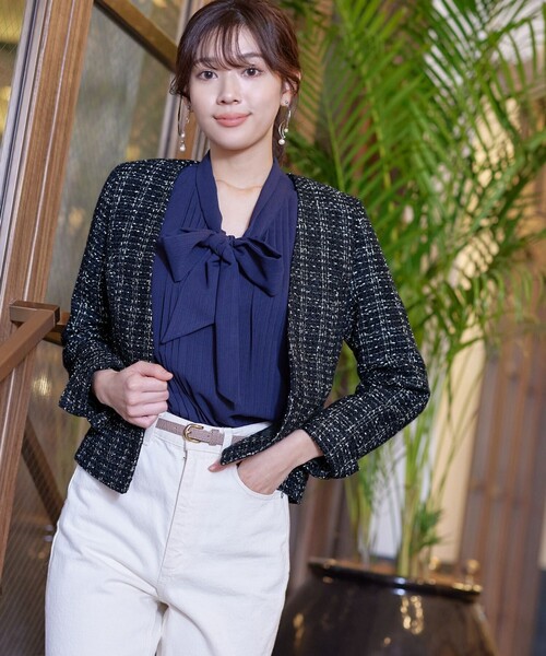 LETICIA ジャケット Tiaclasse ジャケット ノーカラージャケット ラメチェックツイード