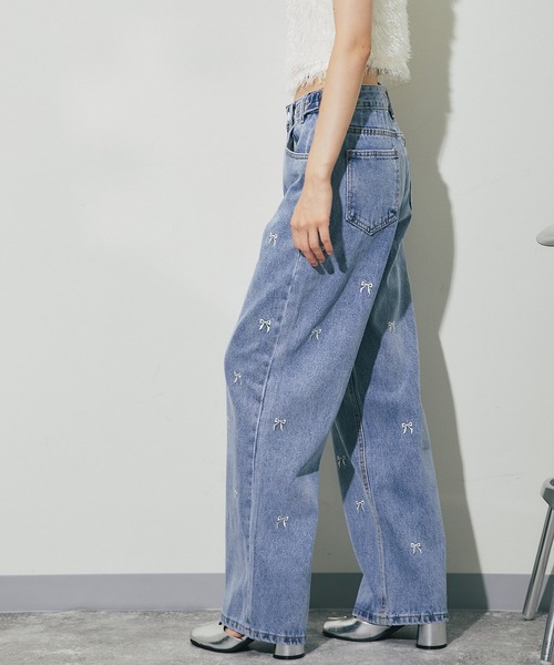 ワイドパンツ ジーンズ デニム デニムパンツ リボン刺繍ワイドデニム