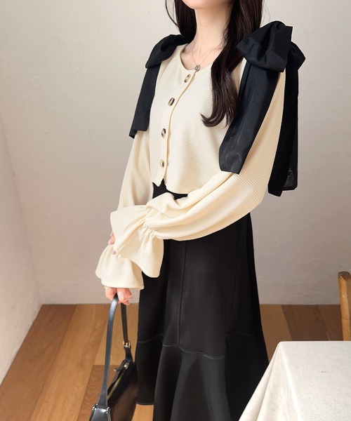 【さや】honono 袖リボンスクエアワンピース カーディガンキャミワンピ mily bilet ワンピース 「mily bilet」大人レディスタイルに