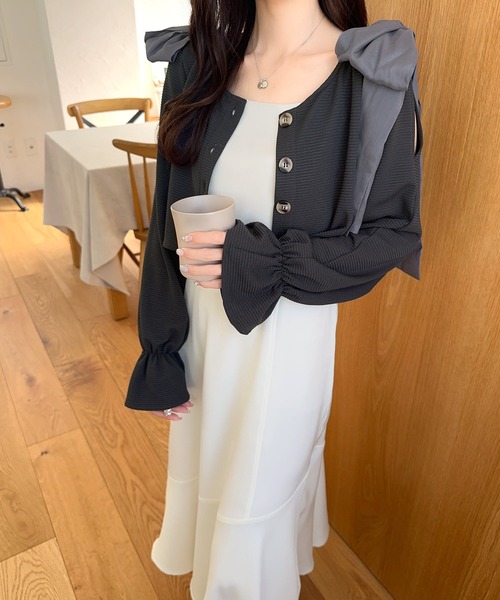 【さや】honono 袖リボンスクエアワンピース カーディガンキャミワンピ さや】honono 袖リボンスクエアワンピース カーディガンキャミ