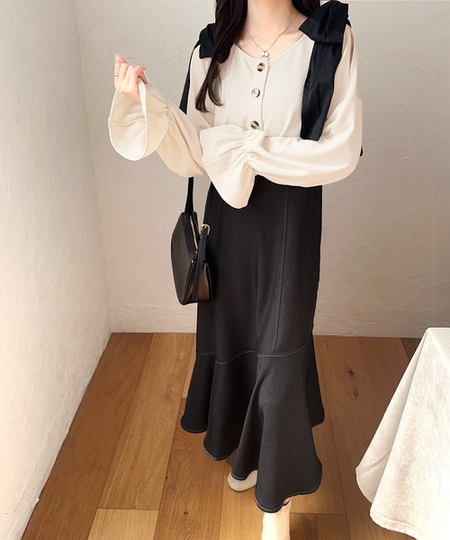 【さや】honono 袖リボンスクエアワンピース カーディガンキャミワンピ さや】honono 袖リボンスクエアワンピース カーディガンキャミ