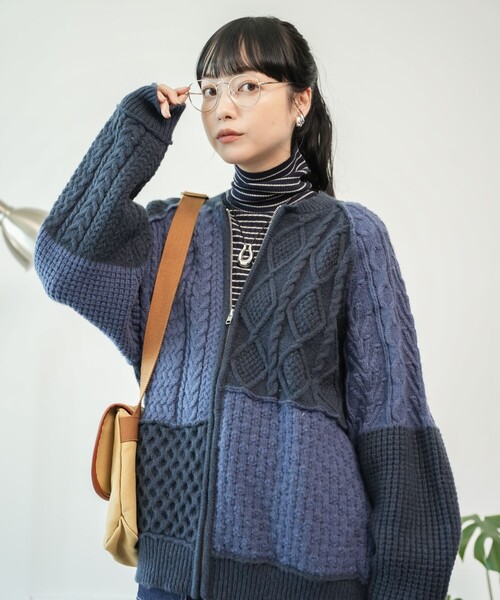 FREAK'S STORE ニット セーター ケーブル パッチワーク ジップ