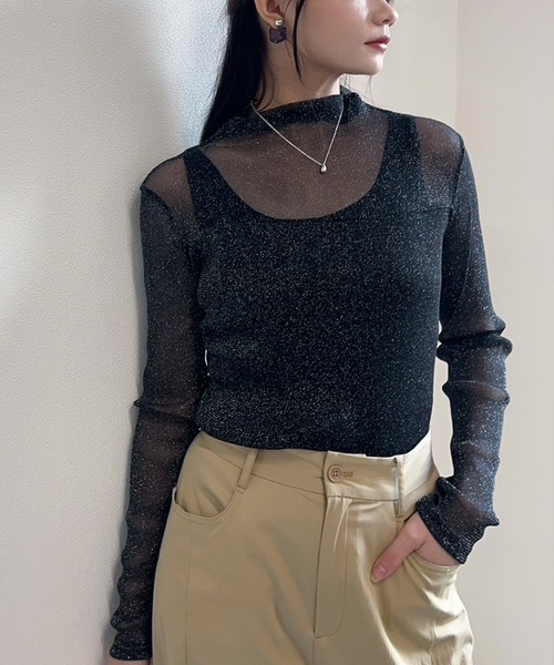 Calm Maison tシャツ ラメシアーハイネック長袖トップス