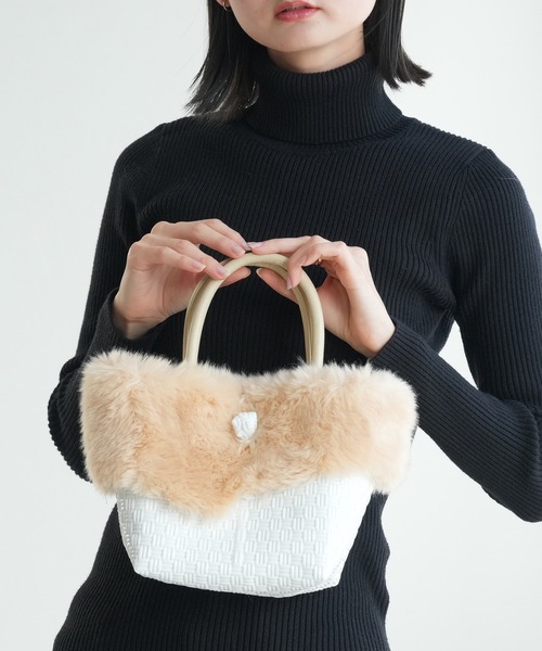 utatane トートバッグ ファー付ミニトートバッグ ホワイト×クリーム