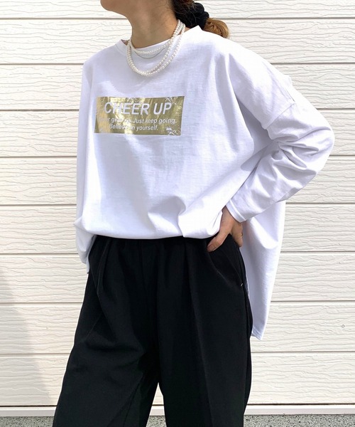 tシャツ スクエア箔プリントロンT レディース