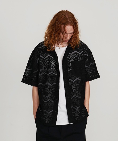 Revo. シャツ ダマスク フラワーレース ルーズフィット オープンカラー