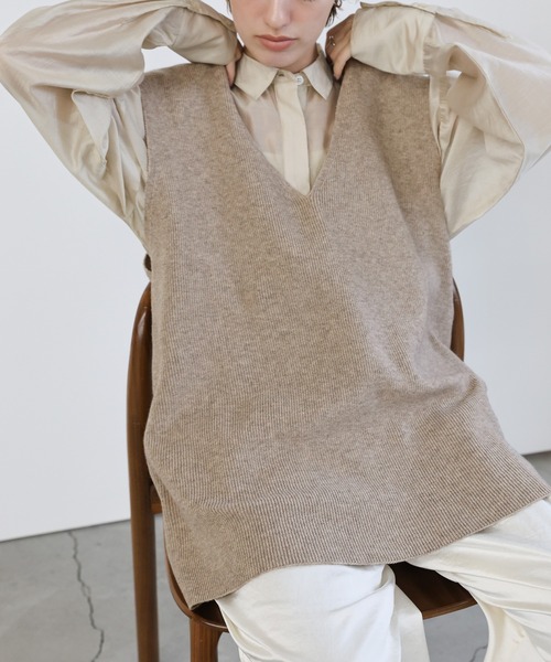 mignon⑤３Ｌ　モカ*ロングニットベストジレ*くるみボタン select MOCA（セレクトモカ） ベスト ジレ Vネックロングニットベスト