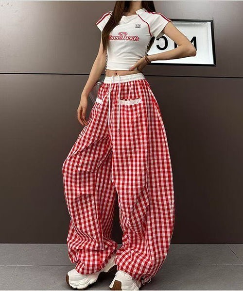 gossip!ロサンゼルス ワイドパンツ パンツ Y2Kカーブデザイン ギンガム