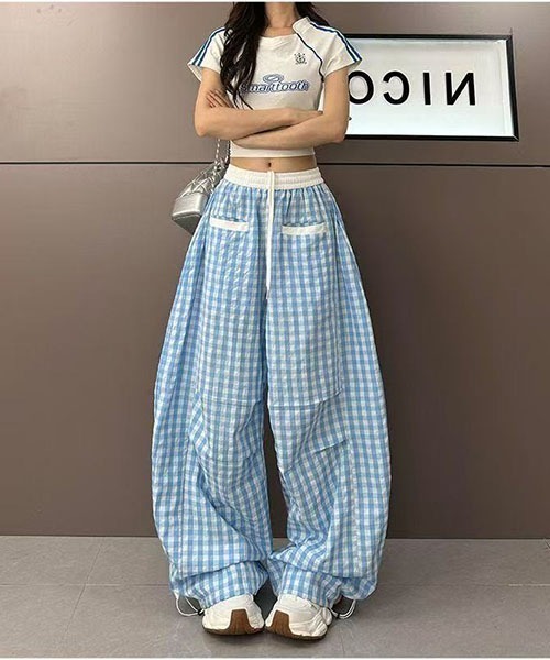 gossip!ロサンゼルス ワイドパンツ パンツ Y2Kカーブデザイン ギンガム 