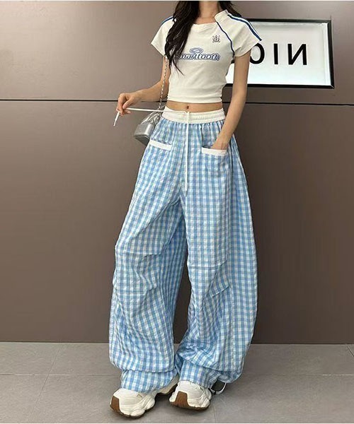 gossip!ロサンゼルス ワイドパンツ パンツ Y2Kカーブデザイン ギンガム 