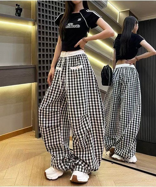 gossip!ロサンゼルス ワイドパンツ パンツ Y2Kカーブデザイン ギンガム