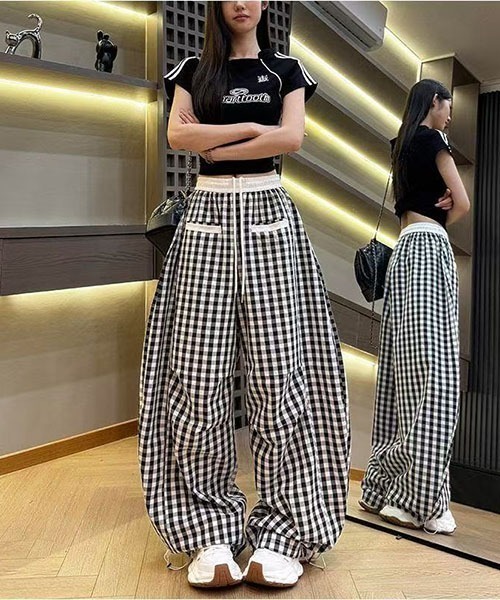 gossip!ロサンゼルス パンツ Y2Kカーブデザイン ギンガムチェック