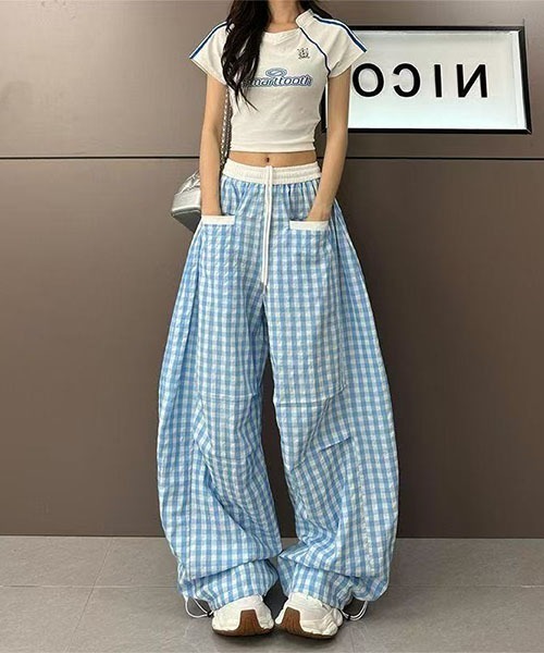 gossip!ロサンゼルス ワイドパンツ パンツ Y2Kカーブデザイン ギンガム