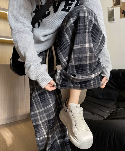 meJane（ミージェーン） パンツ 裏起毛 マドラスチェック ワイドパンツ