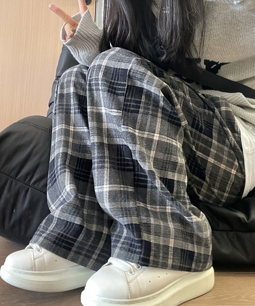 meJane（ミージェーン） パンツ 裏起毛 マドラスチェック ワイドパンツ