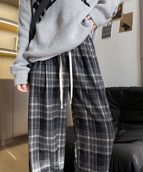 meJane（ミージェーン） パンツ 裏起毛 マドラスチェック ワイドパンツ