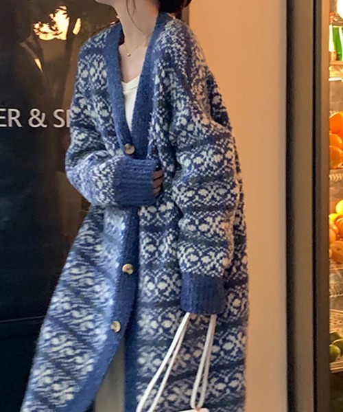 カーディガン ノルディック柄ロングカーディガン レディース