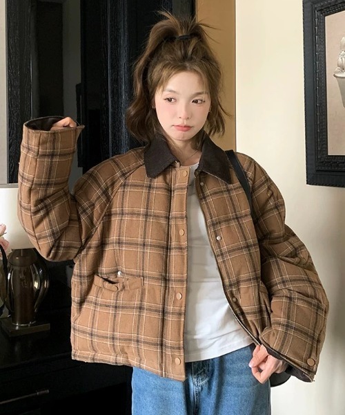 FAVORITO コート アウター 襟付きチェック柄ジップスジャケット