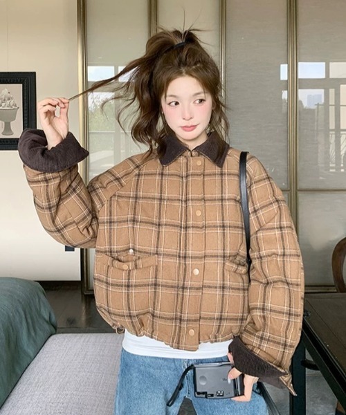 FAVORITO コート アウター 襟付きチェック柄ジップスジャケット