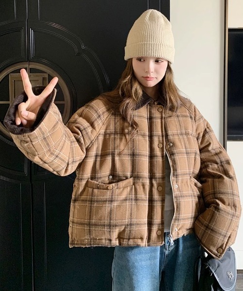 FAVORITO コート アウター 襟付きチェック柄ジップスジャケット
