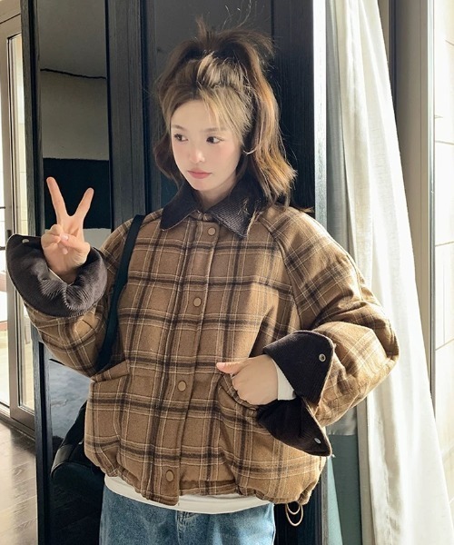 FAVORITO コート アウター 襟付きチェック柄ジップスジャケット