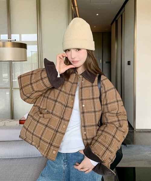 FAVORITO コート アウター 襟付きチェック柄ジップスジャケット