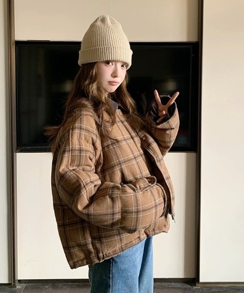 FAVORITO コート アウター 襟付きチェック柄ジップスジャケット