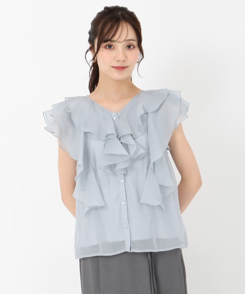 「31 Sons de mode」 ノースリーブブラウス フリ- ライトブルー レディース_画像4