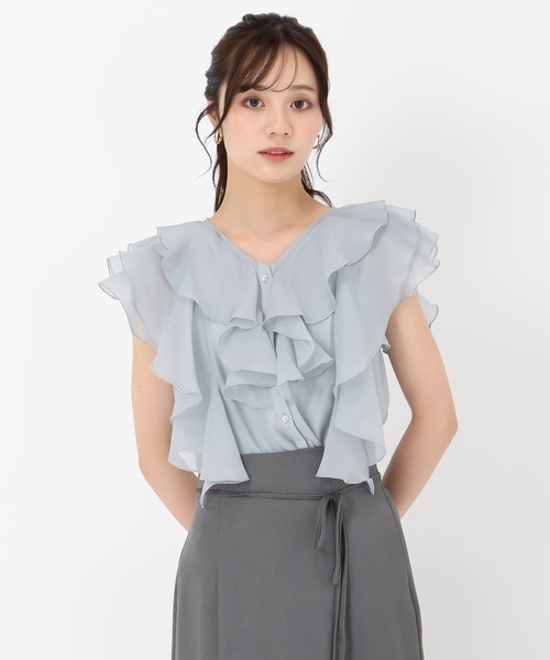 「31 Sons de mode」 ノースリーブブラウス フリ- ライトブルー レディース_画像9