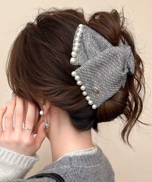 LUMIRA ヘアクリップ ベロアリボンパール バンスクリップ(ツイード