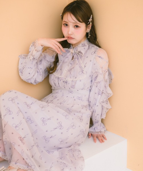 クチュールバイロジータ ワンピース リボン柄シアーロングワンピース