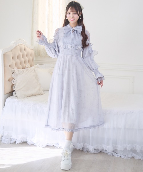 クチュールバイロジータ ワンピース リボン柄シアーロングワンピース