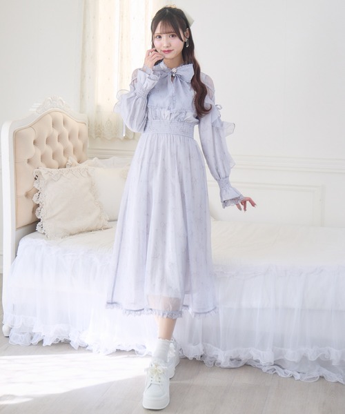 クチュールバイロジータ ワンピース リボン柄シアーロングワンピース