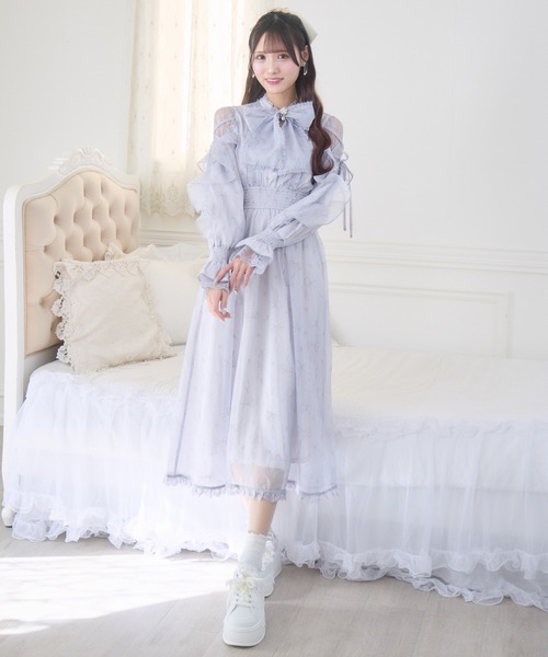 クチュールバイロジータ ワンピース リボン柄シアーロングワンピース