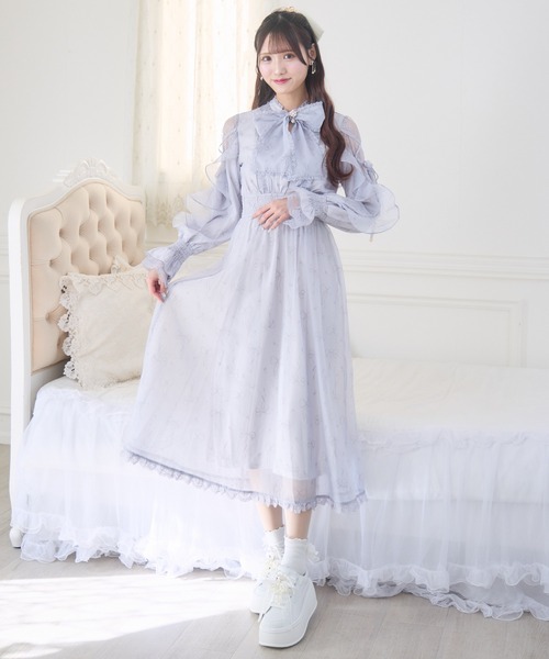 クチュールバイロジータ ワンピース リボン柄シアーロングワンピース