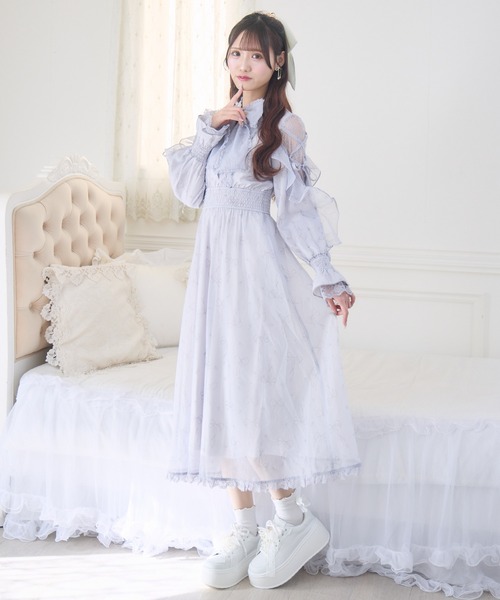 クチュールバイロジータ ワンピース リボン柄シアーロングワンピース