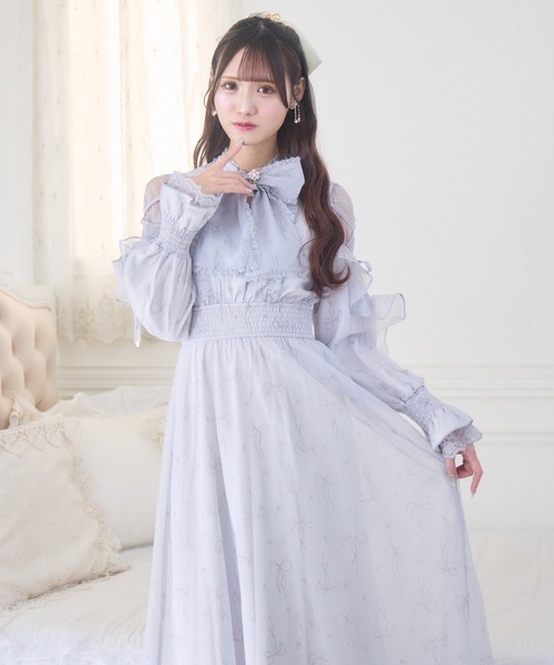 クチュールバイロジータ ワンピース リボン柄シアーロングワンピース