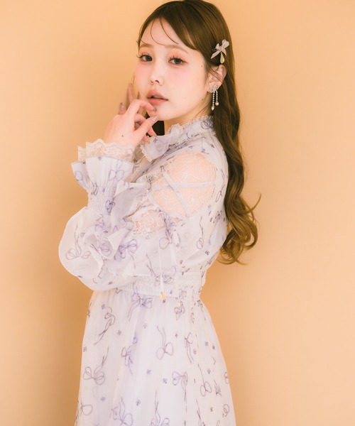 クチュールバイロジータ ワンピース リボン柄シアーロングワンピース