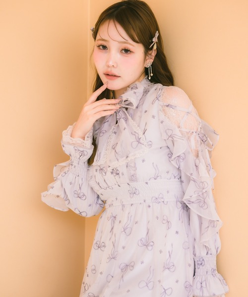 クチュールバイロジータ ワンピース リボン柄シアーロングワンピース