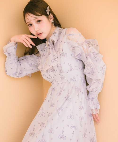 クチュールバイロジータ ワンピース リボン柄シアーロングワンピース