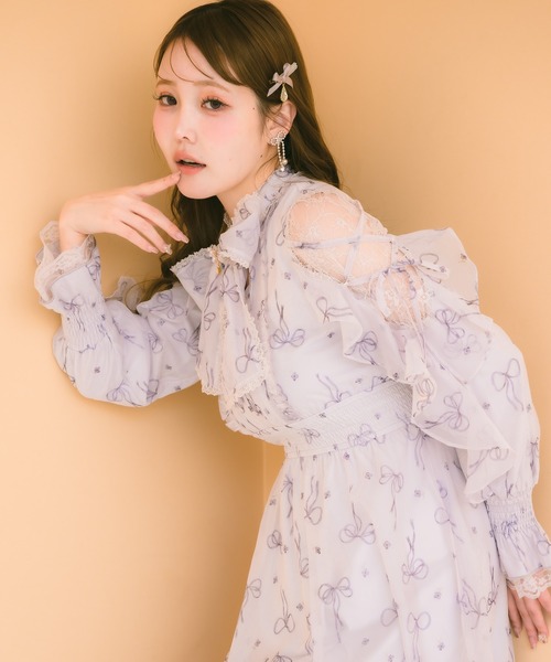 クチュールバイロジータ ワンピース リボン柄シアーロングワンピース