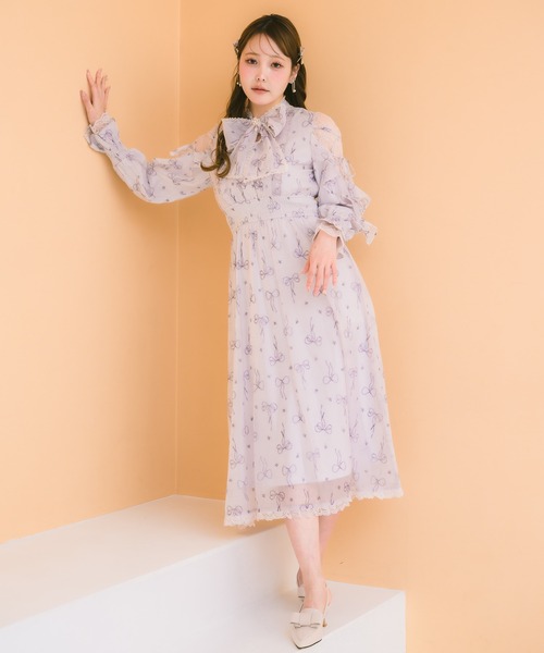 クチュールバイロジータ ワンピース リボン柄シアーロングワンピース